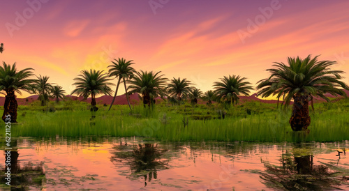 beautiful oasis with a water hole in the middle of the desert with a beautiful sunset in high resolution