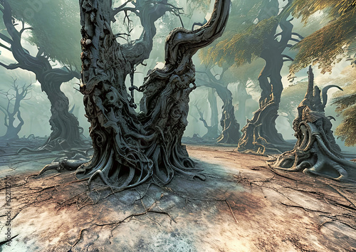 Petrifying, Sinister, Cursed Gnarled trees exude otherworldly energy with their twisted trunks and branches evoking a sense of deep unease in forest and city © Leonard