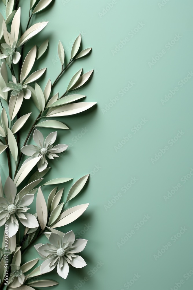 A soft green background with flowers and leaves. Generative AI. 