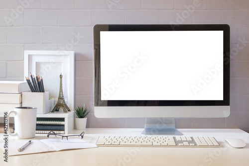 Workspace desk and computer. copy space and blank screen. Business image, Blank screen computer and supplies.