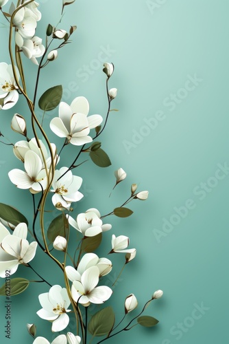 A soft green background with flowers and leaves. Generative AI. 