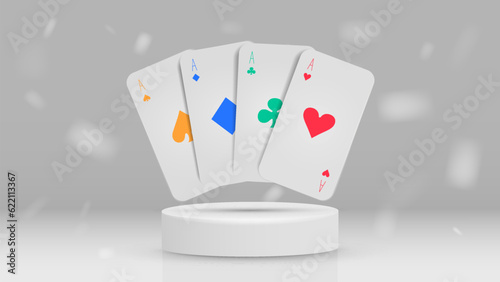 Poker cards in different colors on a white podium. A concept for a 3D casino website.