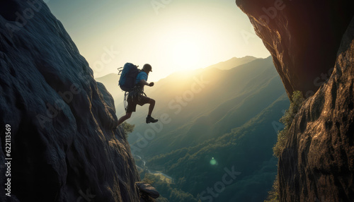 Morning Sunshine and Backpacking Thrills Exploring Nature's Wonders with Generative AI and an Adventurous Spirit. A Hiker's try Leap of Success amidst Majestic Mountains and the Endless Sky © Virtual Art Studio