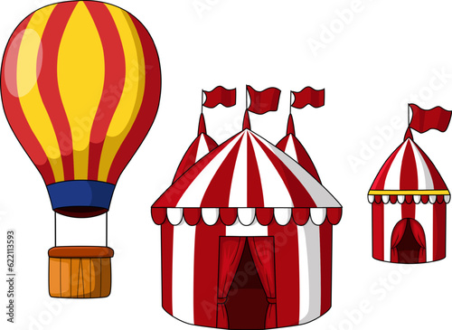 Hot air balloon and red circus tent