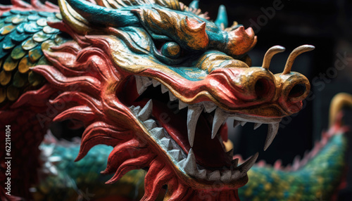 Closeup colorful Chinese dragon sculpture on a black background, perfect for New Year projects. Generative AI