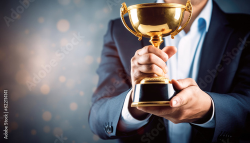 Celebratory moment, a successful individual businessman holds a prestigious trophy, representing their remarkable achievement and business success. Generative AI