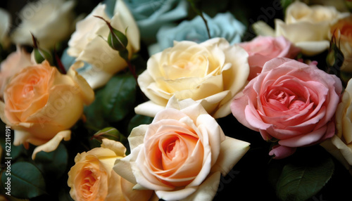 Colorful bouquet garden roses showcases the beauty of nature without people. Vibrant petals in pink  red  blue green yellow orange create a stunning close-up view. Perfect floristry. Generative AI