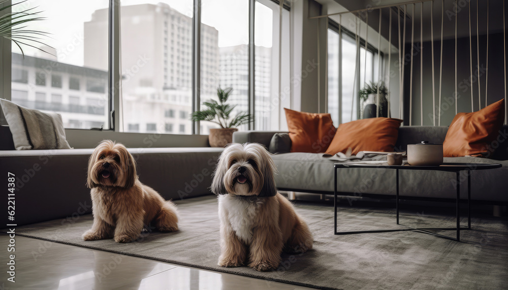 View of A group of domestic animals, specifically dogs, are seen in a high-rise ...