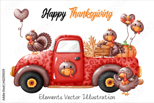 Cute Pickup Truck Turkey wooden Sign Pumpkin, Balloons Heart Face Turkey and Leaves Maple Thanksgiving Fall Autumn Elements Watercolor Vector File , Clipart cartoon style For banner, poster, card