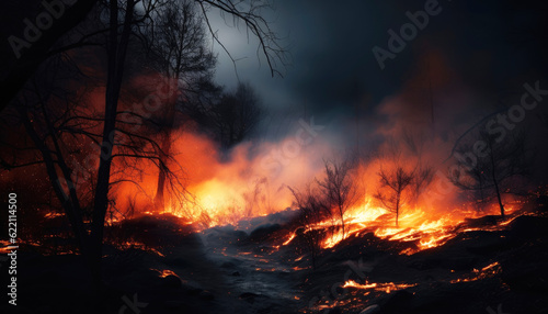 Devastating Beauty of a Burning Forest at Night, Crafted by Generative AI in a Dramatic Landscape Dark Wilderness Ablaze Witnessing the Intense Flames of a Nocturnal Forest Fire © Virtual Art Studio