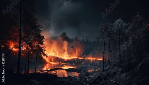 Devastating Beauty of a Burning Forest at Night, Crafted by Generative AI in a Dramatic Landscape Dark Wilderness Ablaze Witnessing the Intense Flames of a Nocturnal Forest Fire
