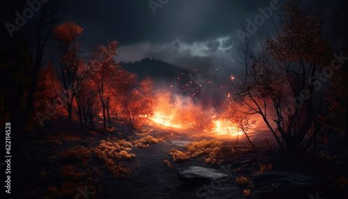 Devastating Beauty of a Burning Forest at Night, Crafted by Generative AI in a Dramatic Landscape Dark Wilderness Ablaze Witnessing the Intense Flames of a Nocturnal Forest Fire © Virtual Art Studio