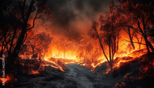 Devastating Beauty of a Burning Forest at Night  Crafted by Generative AI in a Dramatic Landscape Dark Wilderness Ablaze Witnessing the Intense Flames of a Nocturnal Forest Fire