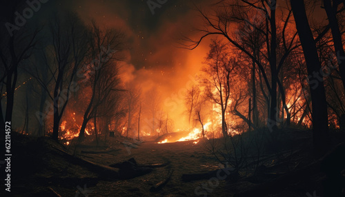 Devastating Beauty of a Burning Forest at Night, Crafted by Generative AI in a Dramatic Landscape Dark Wilderness Ablaze Witnessing the Intense Flames of a Nocturnal Forest Fire