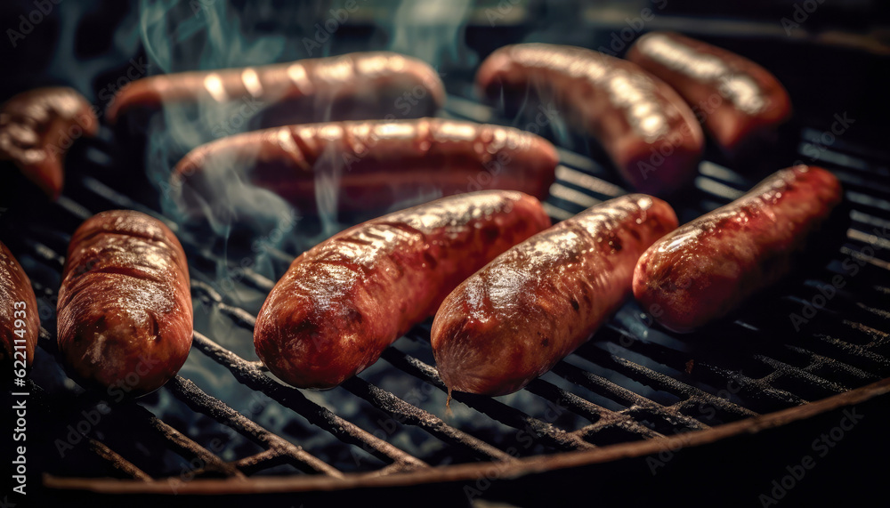 Blazing grill cooks sausages, filling the air with irresistible aromas and smoky flavors. Grilling perfect sausage Delicious barbecue feast with bratwurst, breakfast sausage kielbasa. Generative AI Blazing grill cooks sausages, filling the air with irresistible aromas and smoky flavors. Grilling perfect sausage Delicious barbecue feast with bratwurst, breakfast sausage kielbasa. Generative AI