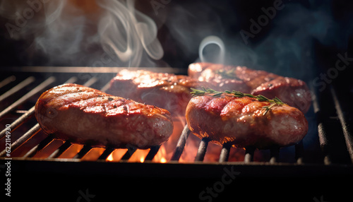 Blazing grill cooks sausages, filling the air with irresistible aromas and smoky flavors. Grilling perfect sausage Delicious barbecue feast with bratwurst, breakfast sausage kielbasa. Generative AI