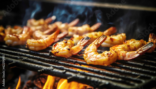 Barbecue grilling close-up of shrimp skewers cooking on a fiery grill. Delicious, fast cuisine with sizzling heat and no people. Generative AI