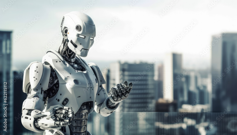 Naklejka premium Innovative architecture and futuristic cityscape with a white cyborg robot in a built structure. Generative AI