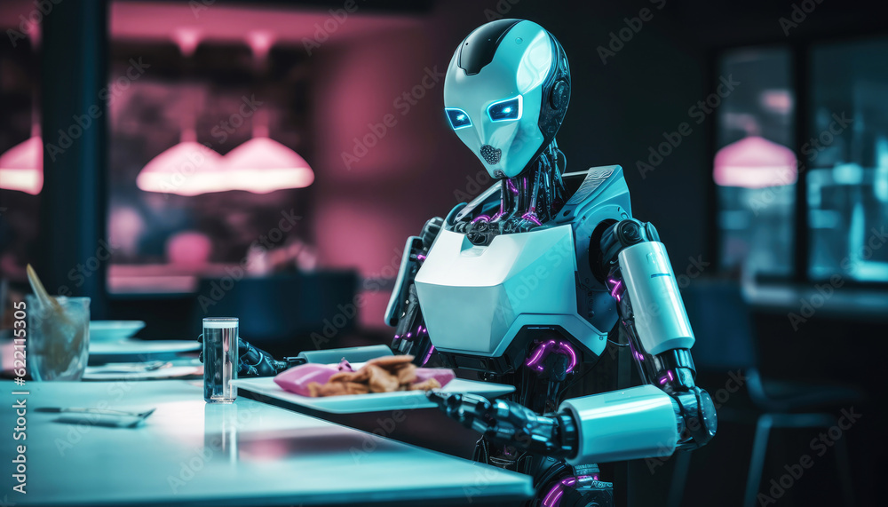Robot customer is served by food service at an indoor restaurant table. The scene showcases a futuristic enjoying dining experience. Generative AI Robot customer is served by food service at an indoor restaurant table. The scene showcases a futuristic enjoying dining experience. Generative AI