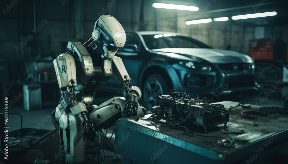 Fototapeta premium Advanced AI lab, robot self repairs in spacious garage. Mechanical precision and cutting-edge technology showcase the future of tech innovation. Generative AI