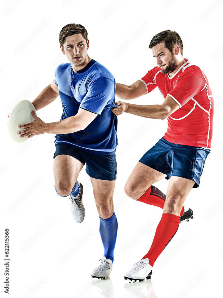 two caucasian rugby player  men  studio isolated on white background