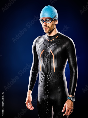 one caucasian man triathlon ironman swimmer swimming isolated