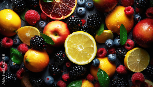 Abundance of fresh, mixed fruit. No people. Vibrant, multi-colored. Perfect for food and drink projects. Wellbeing and healthy eating. Generative AI © Virtual Art Studio