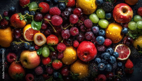 Abundance of fresh  mixed fruit. No people. Vibrant  multi-colored. Perfect for food and drink projects. Wellbeing and healthy eating. Generative AI