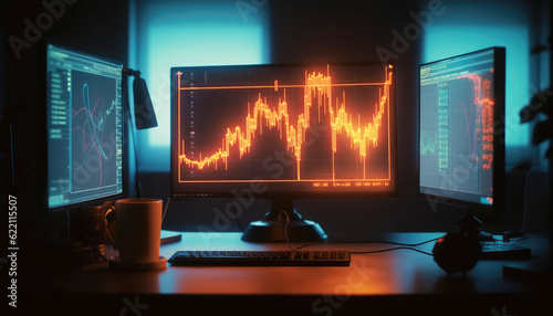 Bullish business graph trend on computer screen sparks curiosity. Technology, communication, and investment blend seamlessly in this captivating image. Generative AI