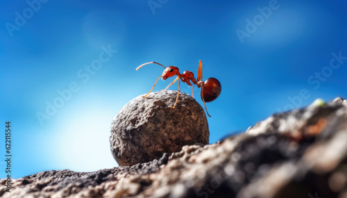 Ant rolling rock on ground. Close-up of an insect making effort on soil with blue sky background. Generative AI