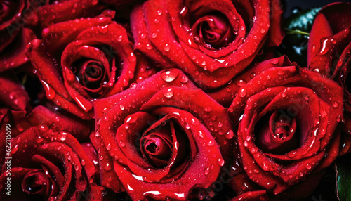 The freshness of fragile beauty Vibrant red rose petals with water dew and droplet drop in close-up beauty of nature. Perfect for Valentine s Day or any romantic occasion. Generative AI