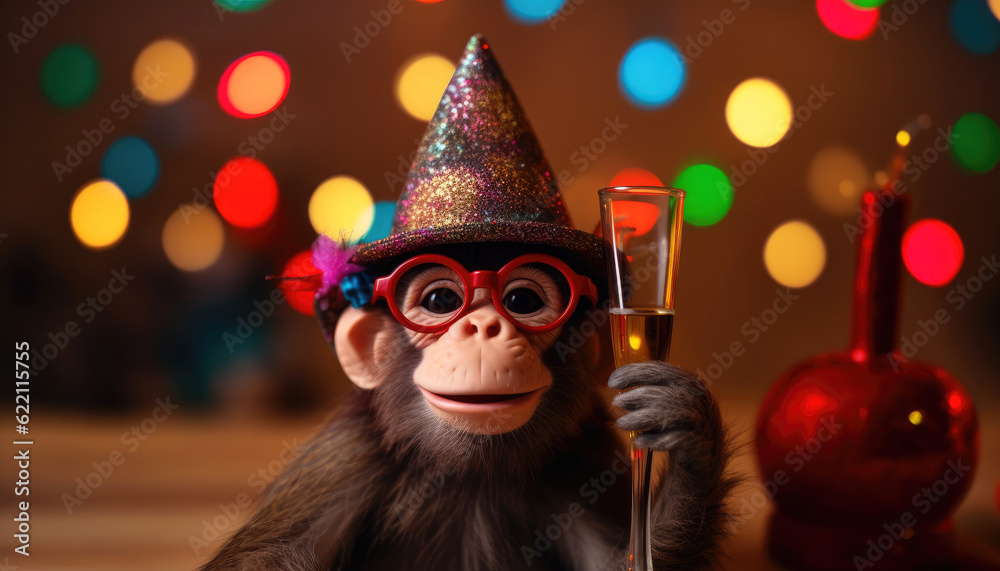 Colorful decorations, champagne toasts, and playful monkey add humor to a festive celebration. Join the fun this Christmas. Generative AI
