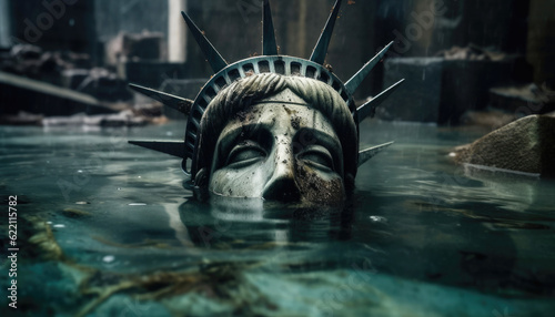 Collapse brings darkness, doomsday looms. Flood surrounds a spooky Statue of Liberty, depicting an eerie end. Generative AI