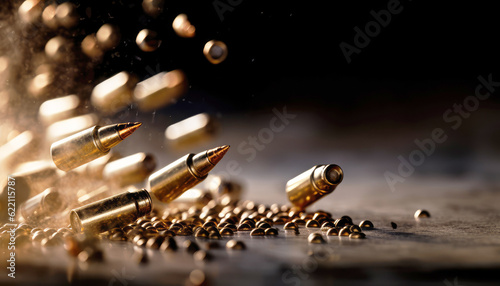 Close-up view large group of ammunition bullets ammo with selective focus on macro detail, showcasing intricate details powerful weapon. Generative AI