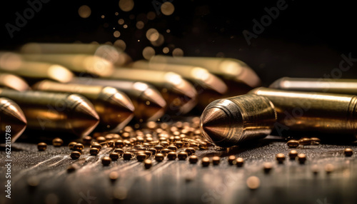 Close-up view large group of ammunition bullets ammo with selective focus on macro detail, showcasing intricate details powerful weapon. Generative AI photo
