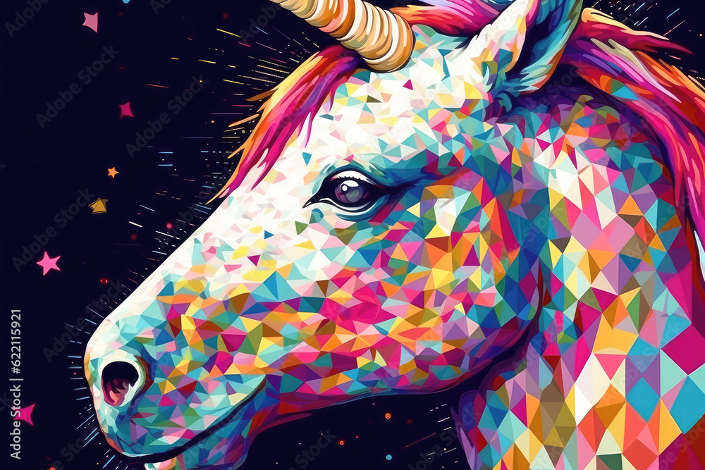 Colorful abstract art with a pixeled multicolored horse and rainbow unicorn. Generative AI
