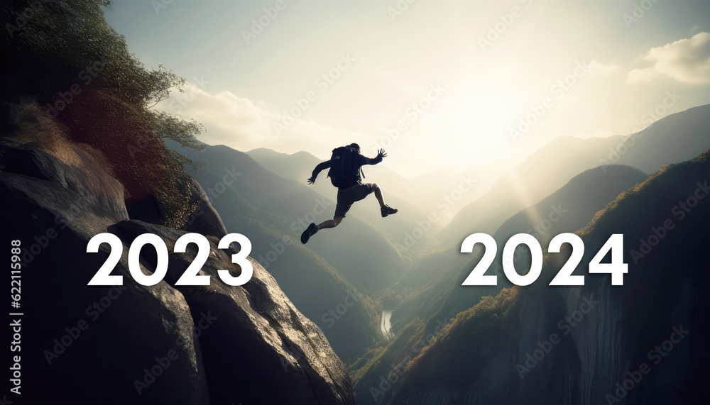 Man leaping and jumping from Year 2023 to Year 2024 form the mountain cliff hill with sky background. Generative AI