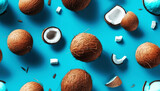 Ripe coconuts pattern on blue background. Pop art design. Creative summer object concept. Banner of Half coconut in minimal flat lay. Generative AI