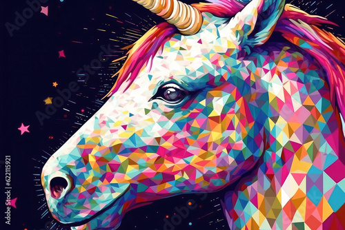 Colorful abstract art with a pixeled multicolored horse and rainbow unicorn. Generative AI