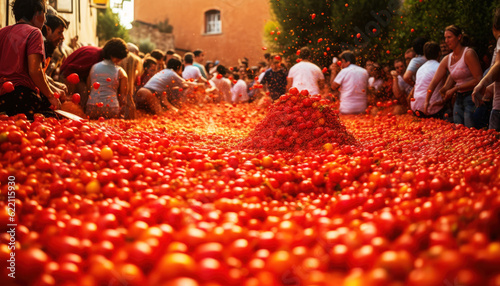 A dynamic crowd at a festival in Spain. Party, and a large group of people celebrating with tomatoes. Generative AI photo