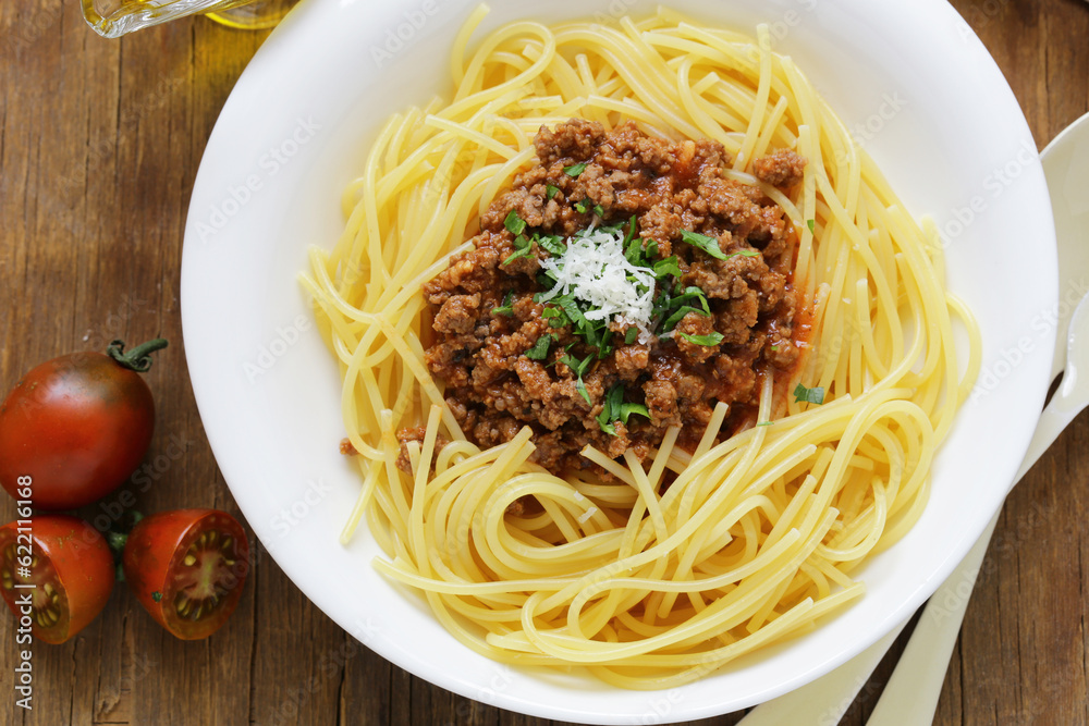 traditional pasta with Bolognese sauce with parmesan and herbs traditional pasta with Bolognese sauce with parmesan and herbs