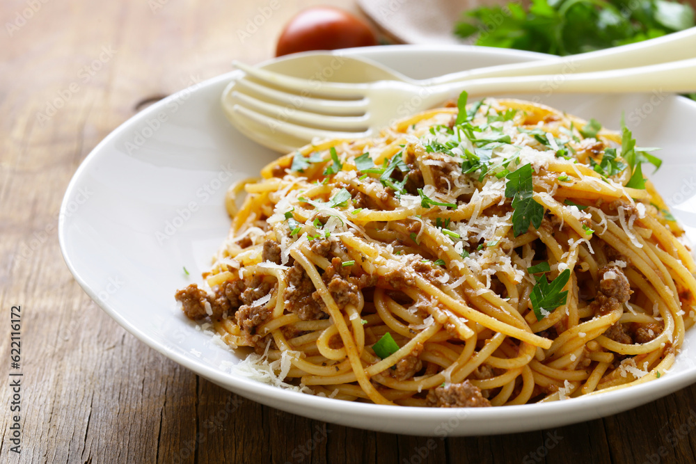 traditional pasta with Bolognese sauce with parmesan and herbs traditional pasta with Bolognese sauce with parmesan and herbs