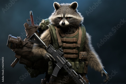 Generative AI. raccoon soldiers wearing armed vests