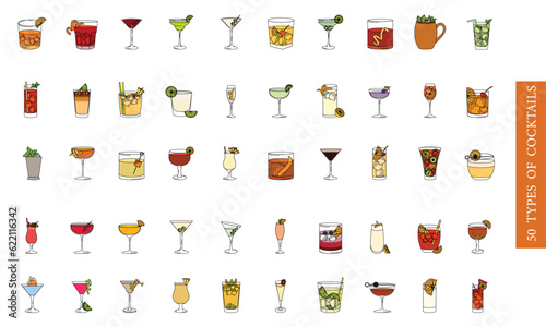 Set of colored tropical cocktail sketch icons Vector