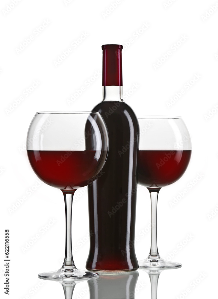 Bottle of red wine with two glasses on white background. Perfect for bar and restaurant Bottle of red wine with two glasses on white background. Perfect for bar and restaurant
