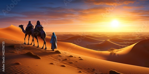 Bedouin with camel silhouette in the sand dunes of the Thar desert at sunset. caravan in rajasthan travel background safari adventure jaisalmer rajasthan india photo