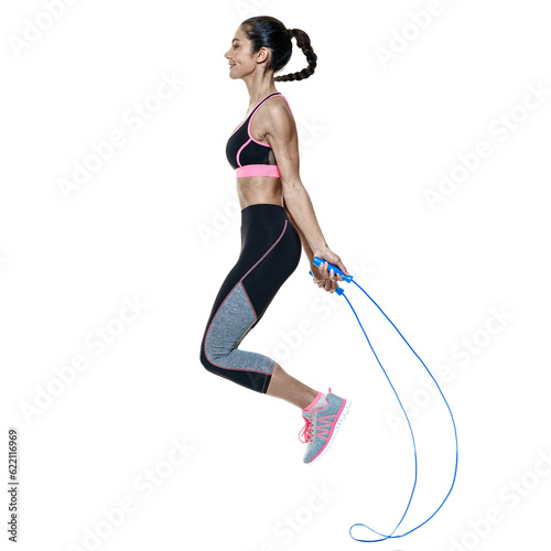 one mixed raced woman exercising fitness exercises isolated on white background