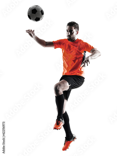 one caucasian Soccer player Man in silhouette isolated on white backgound