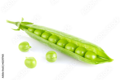 Fresh juicy organic green pea, isolated on white background