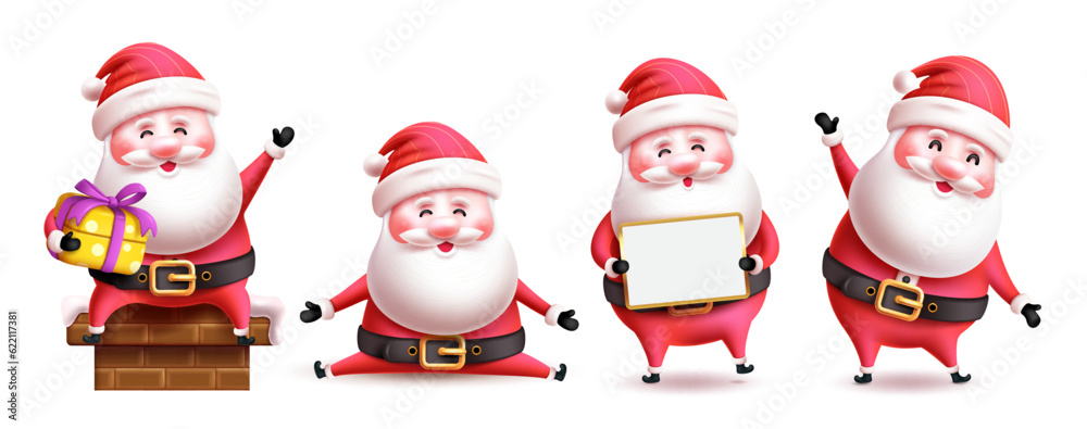 Fototapeta premium Santa claus characters vector set design. Christmas santa claus in cute smiling and holding white board and gift elements. Vector illustration xmas character collection.